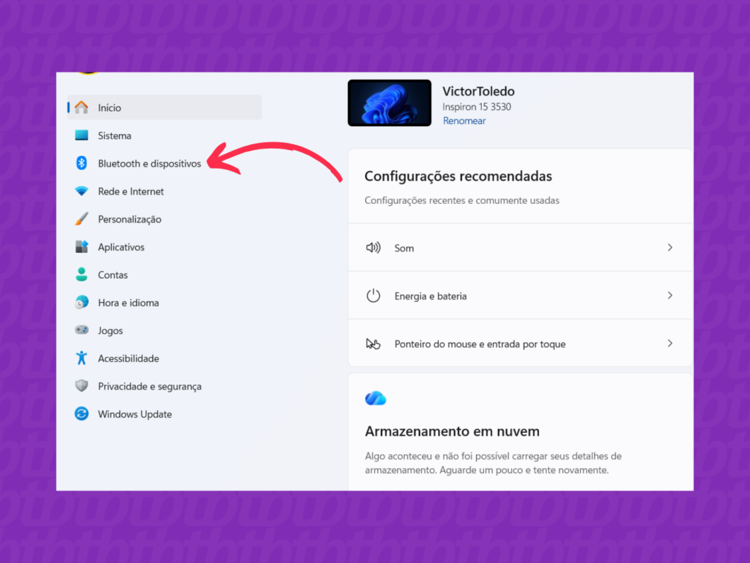 Tela do Windows com o menu “Bluetooth e dispositivos” selecionado nas Configurações
