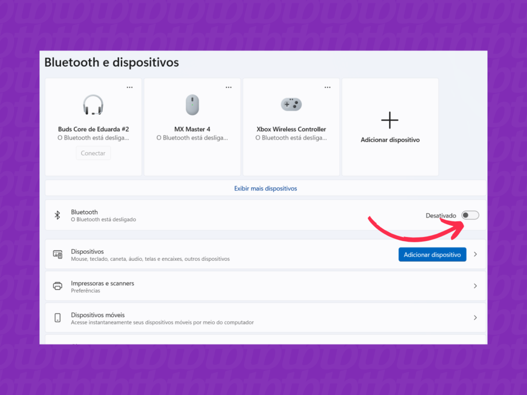 Tela de configurações do Bluetooth no Windows com o botão “Adicionar dispositivo”, mostrando Bluetooth desativado e a opção para ligá-lo