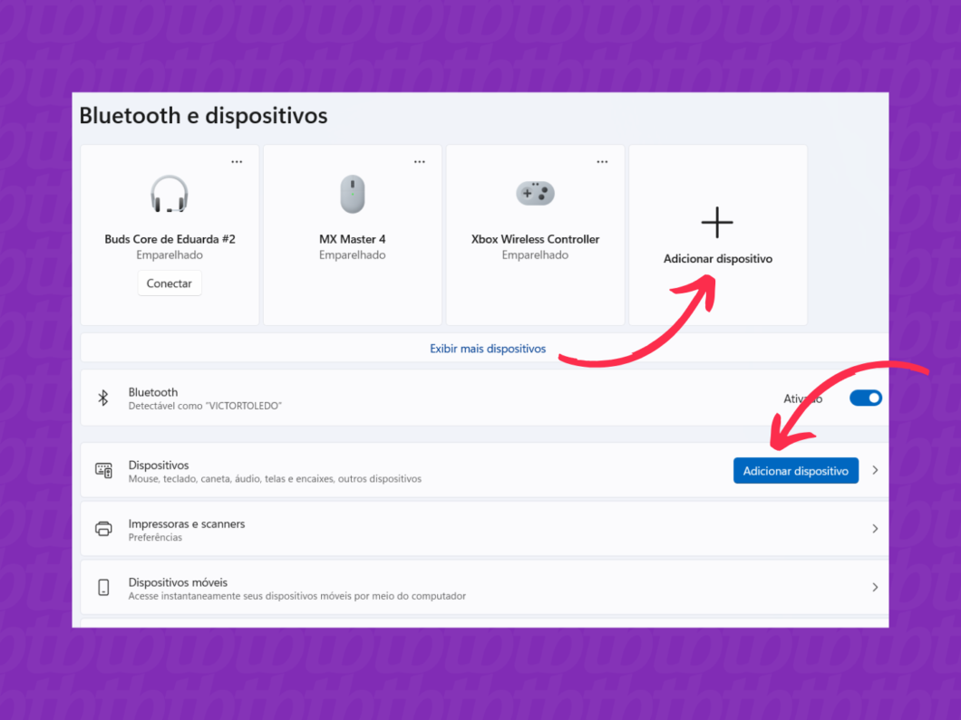 Tela do Windows “Bluetooth e dispositivos” com seta apontando para o botão “Adicionar dispositivo”