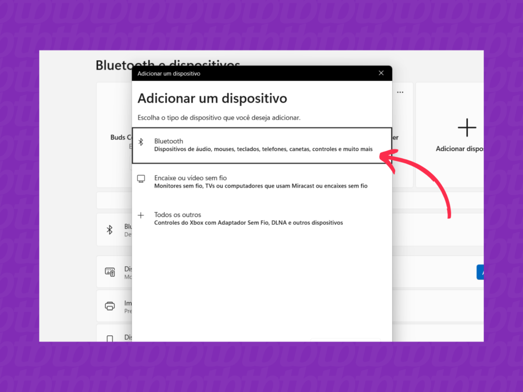 Menu “Adicionar um dispositivo” com a opção Bluetooth destacada para emparelhar dispositivos no Windows