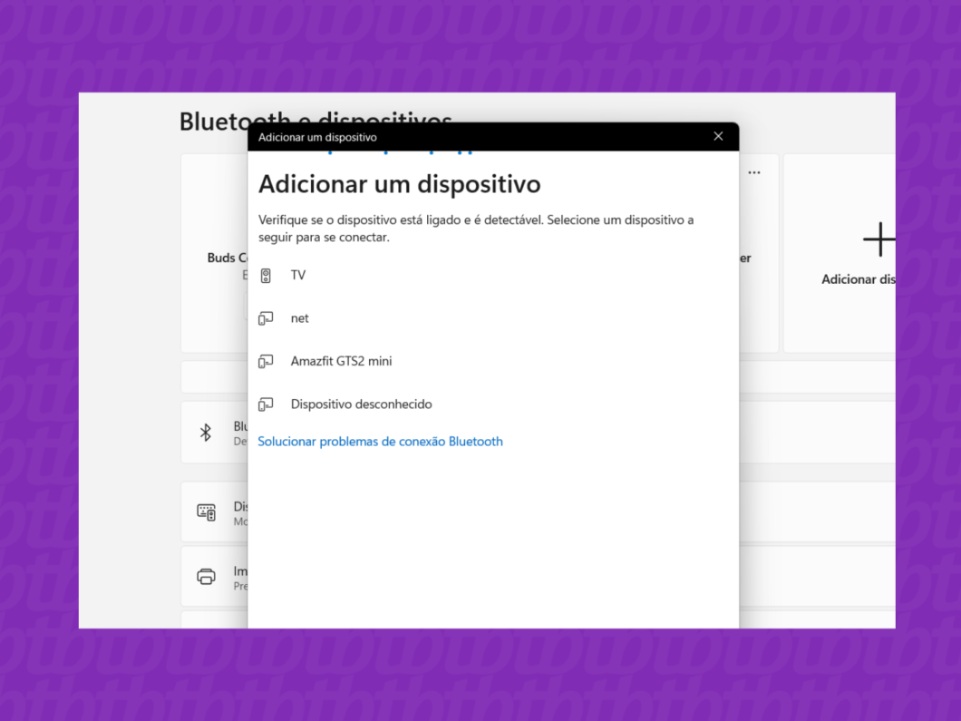 Janela “Adicionar um dispositivo” do Bluetooth no Windows, com instruções para selecionar um dispositivo detectado
