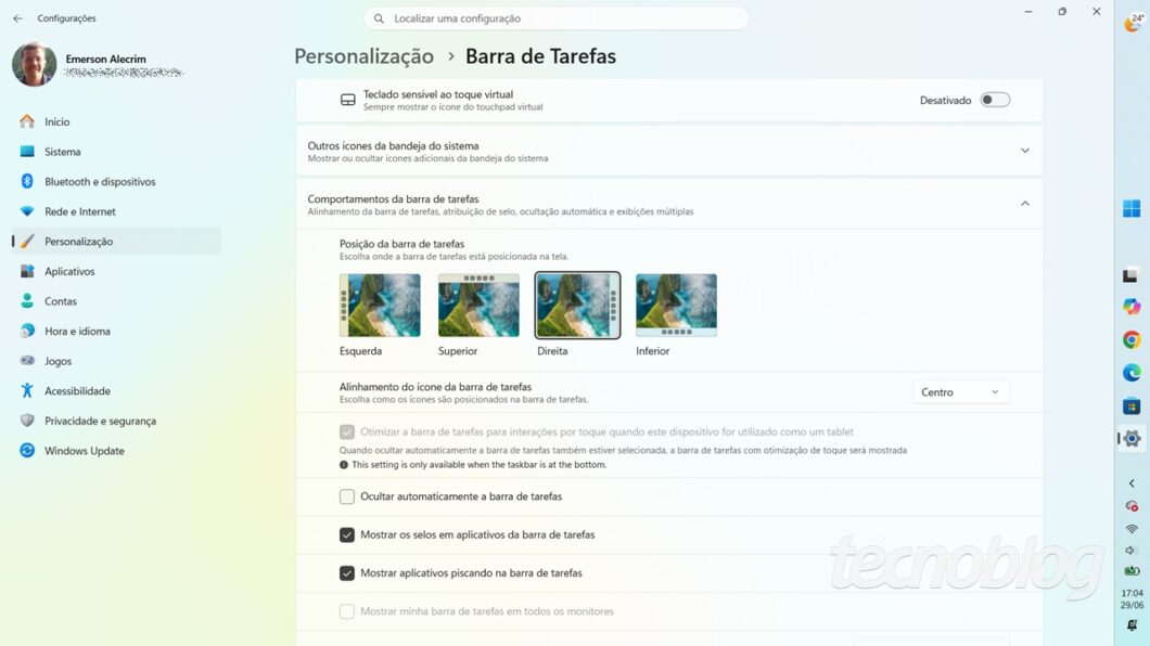 Área de escolha de posição da Barra de Tarefas do Windows 11