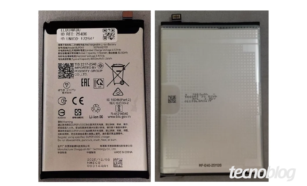 Imagem mostra uma bateria BLPD45 da Realme para o smartphone Realme C100x 