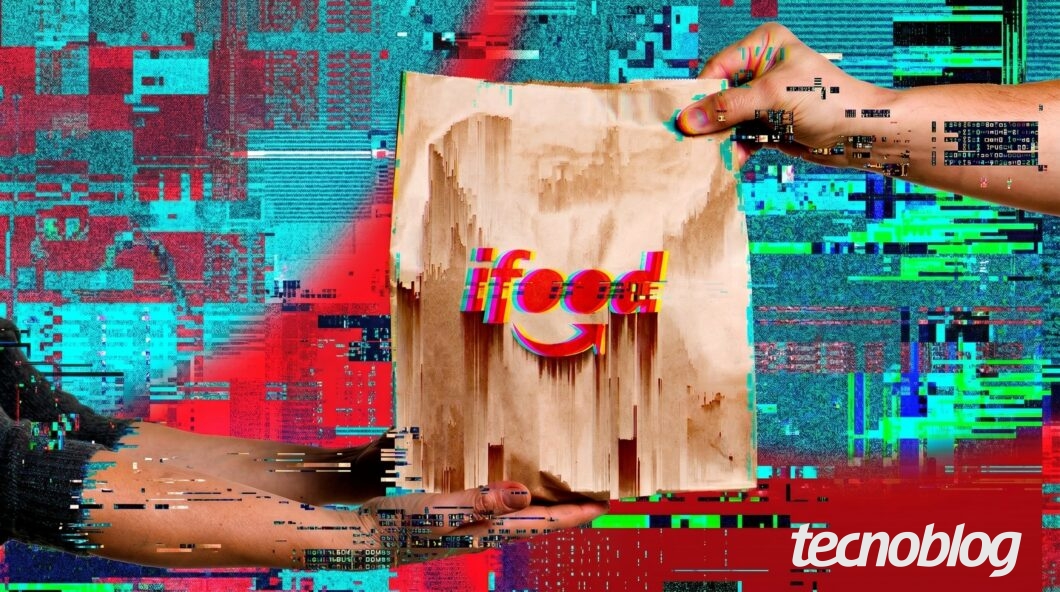 Mão segurando um cartaz pichado com a palavra “iFood” em estilo glitch, diante de um fundo tecnológico