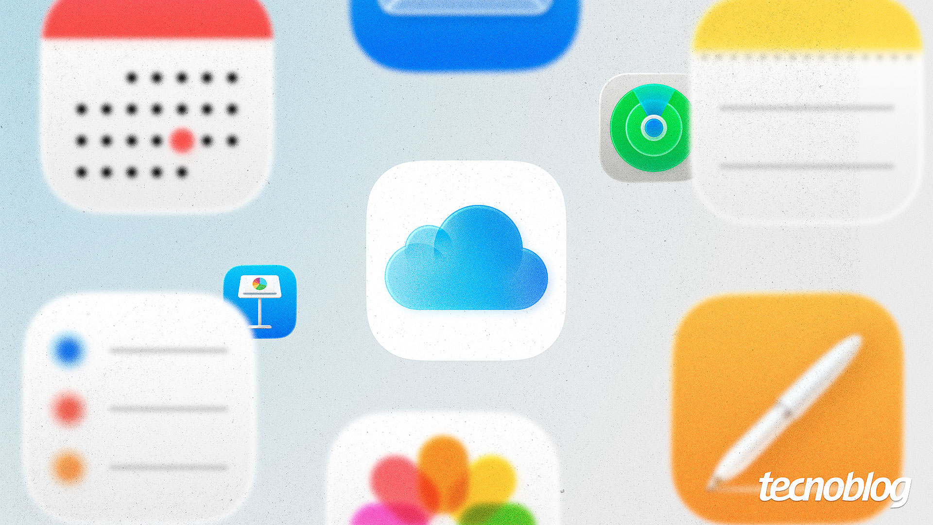 Ilustração de ícones do iCloud, mostrando fotos, documentos e senhas sincronizados na nuvem