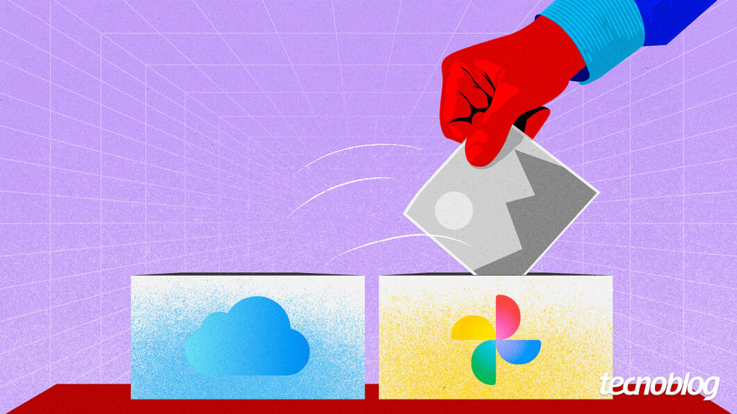 Ilustração que representa a transferência de mídias do iCloud para o Google Fotos com uma ferramenta da própria Apple
