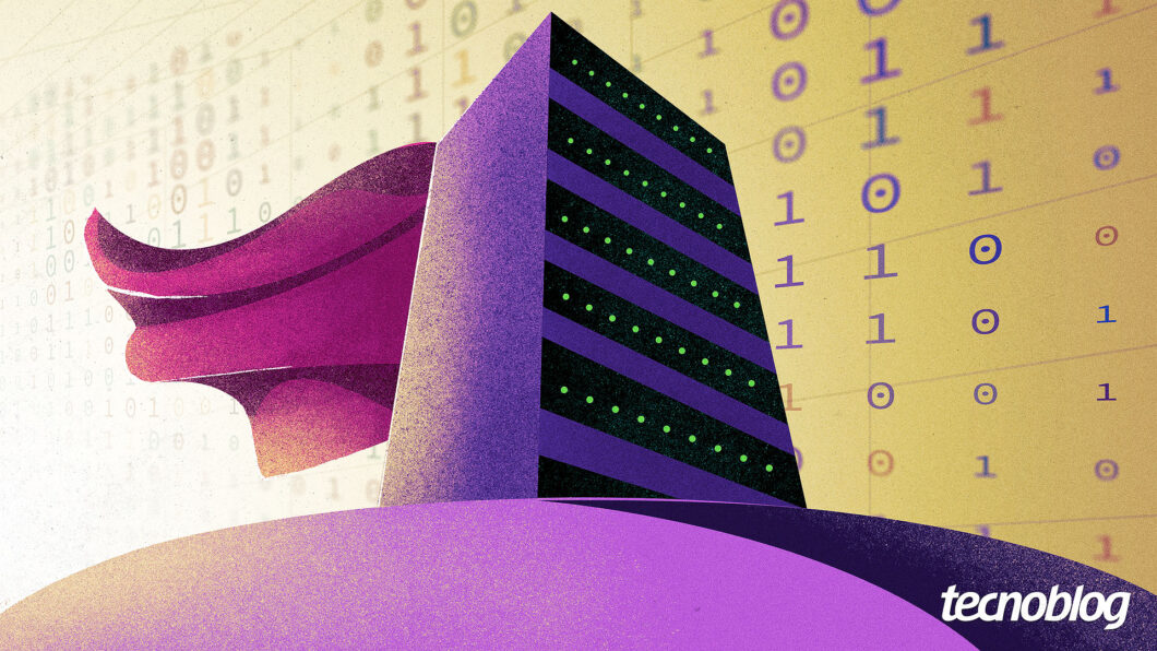 Ilustração mostra um servidor de data center com uma capa de super-herói. Ao lado, números 0 e 1, simbolizando a sequência binária. Na parte inferior direita, o logotipo do
