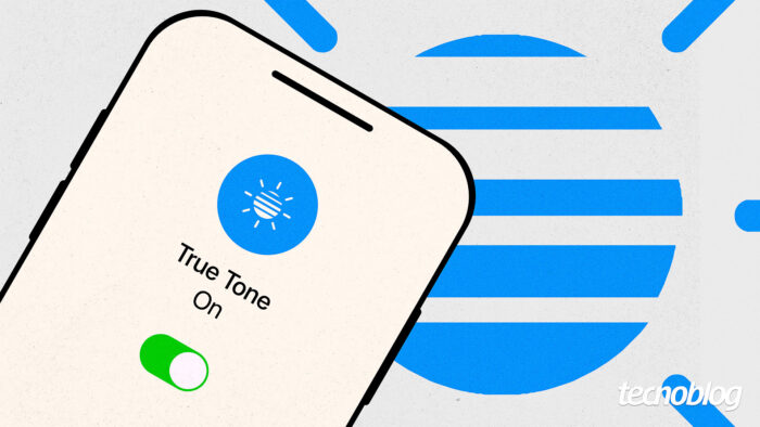 Ilustração mostrando sensores ajustando temperatura de cor e brilho da tela com a tecnologia True Tone da Apple