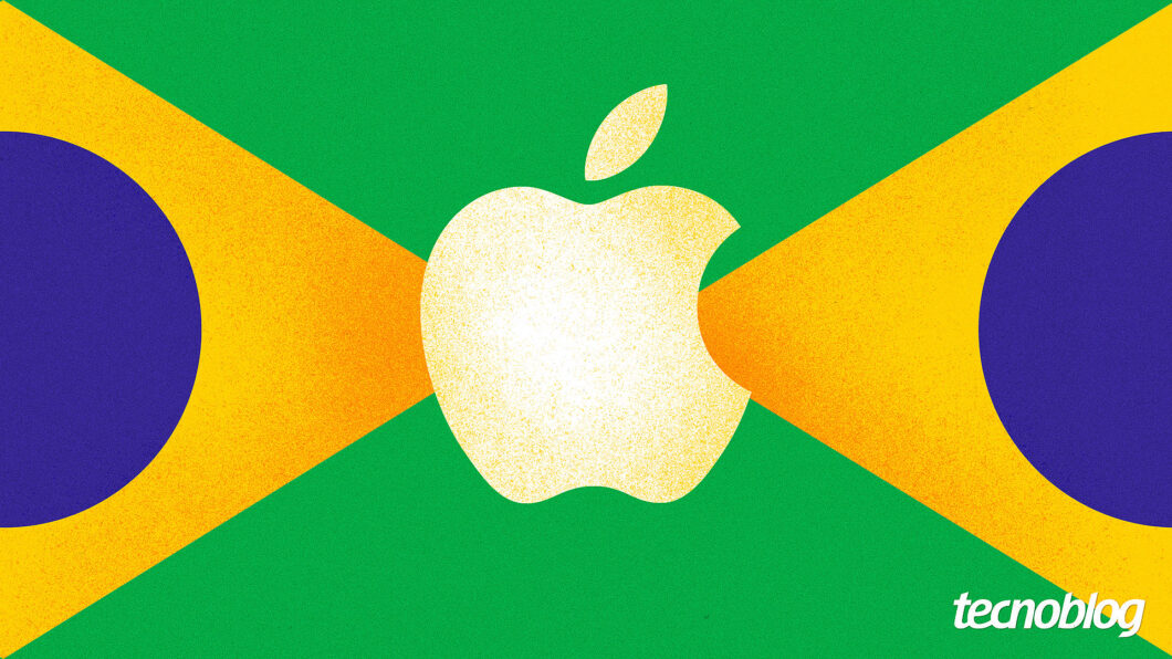 Arte “Apple vs Brasil” com logotipo da Apple sobre fundo colorido, representando mudanças na App Store no iOS no país