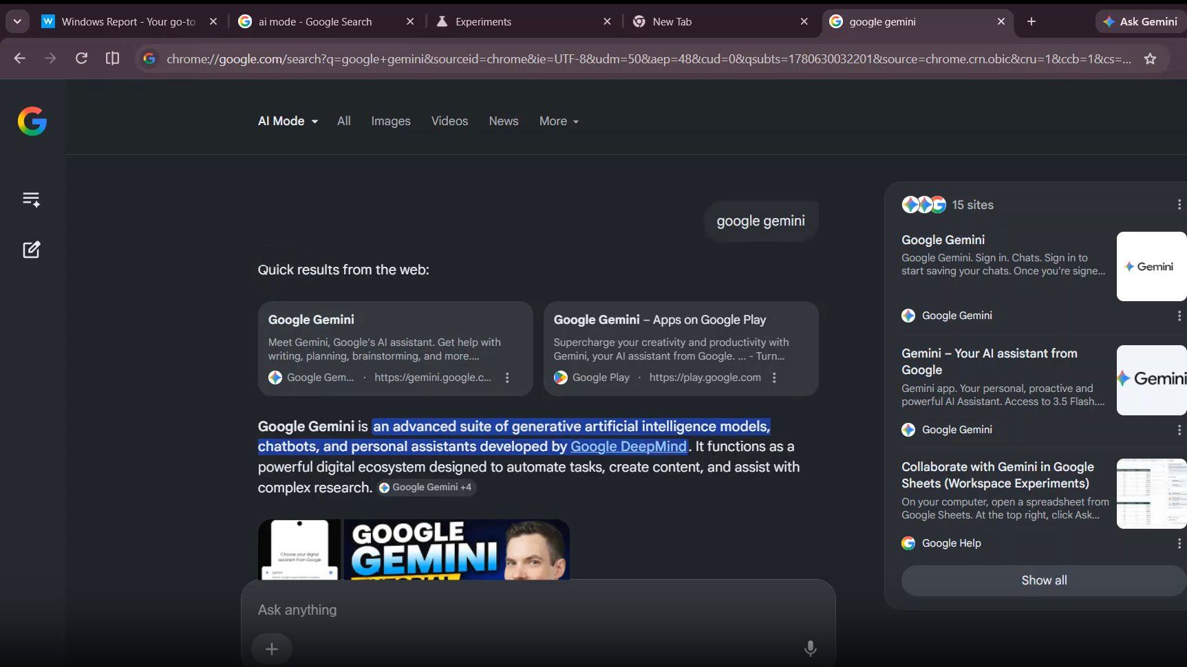 Captura de tela do Chrome com a busca no Modo IA do Google (Gemini) em vez de resultados tradicionais