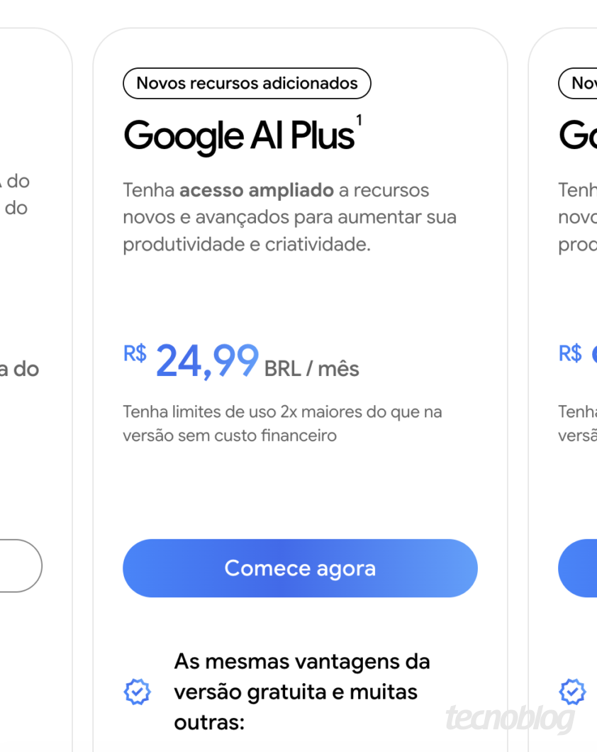 Cartão promocional do Google AI Plus com preço de R$ 24,99 por mês e botão “Comece agora”