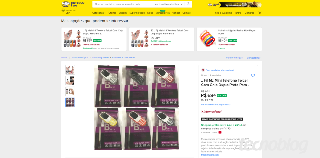 Página do Mercado Livre na seção Internacional exibindo anúncio de um micro celular