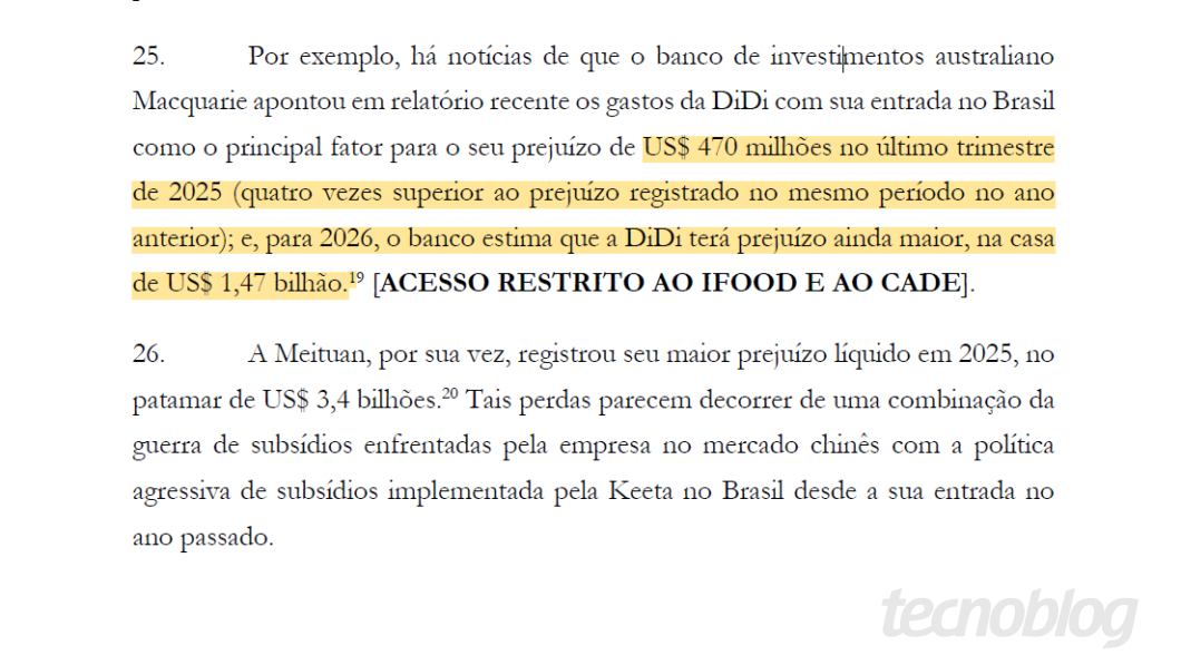 Imagem mostra um documento enviado pelo iFood ao Cade, citando dados financeiros da 99Food e Keeta