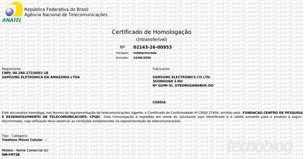 Certificado de homologação do Galaxy Z Fold 8 Wide