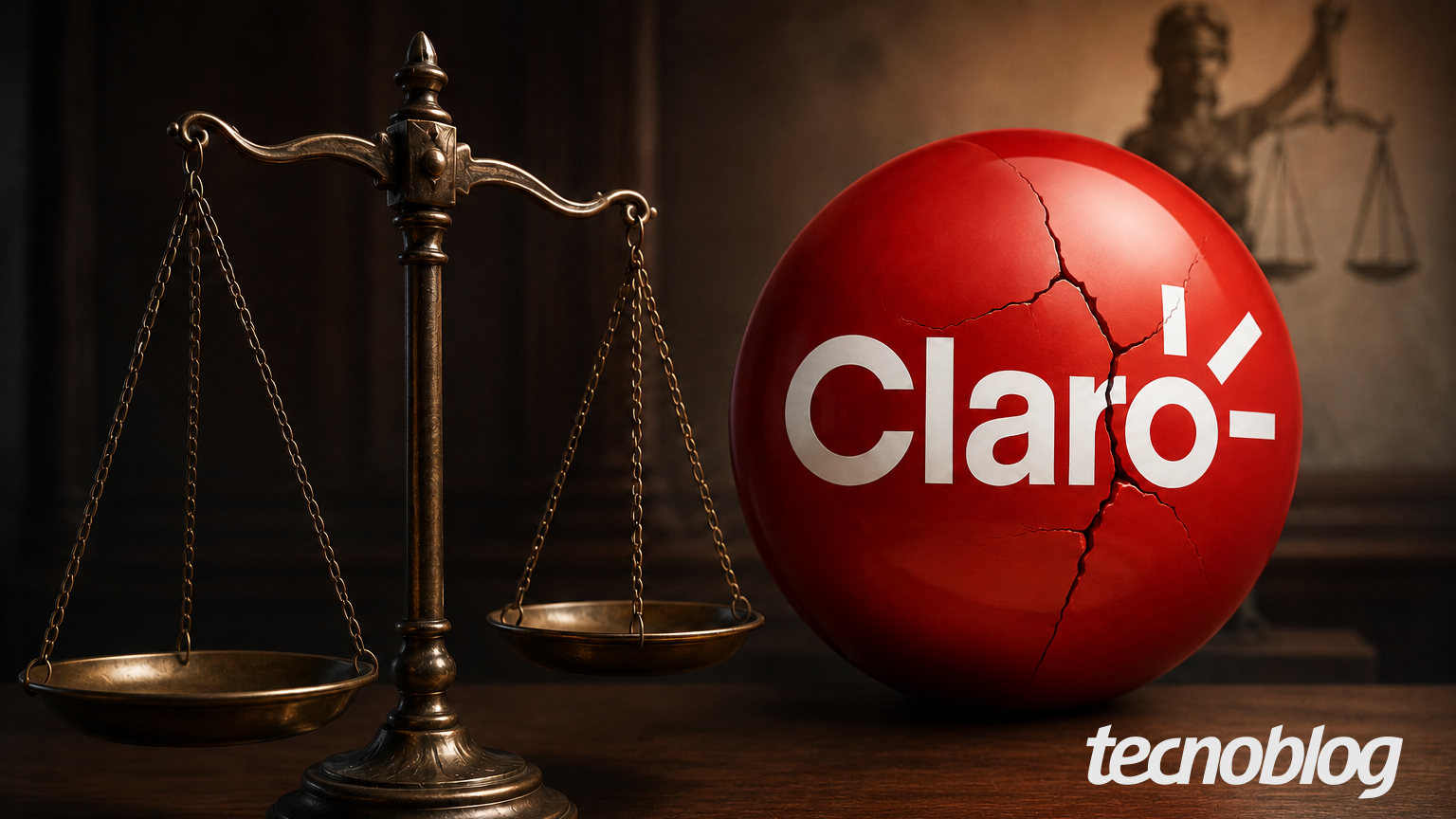 Imagem mostra uma balança da justiça, simbolizando disputa legal e, à direita, o logo da operadora Claro com um rachado. 