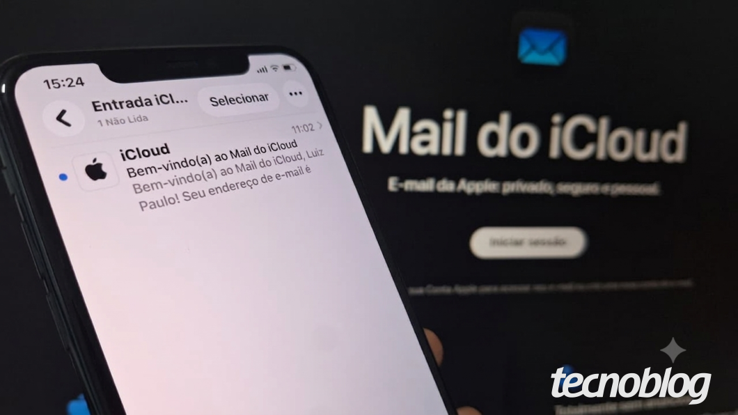 Tela de iPhone com “iCloud Mail” e mensagem de boas-vindas, indicando acesso ao Mail do iCloud no celular