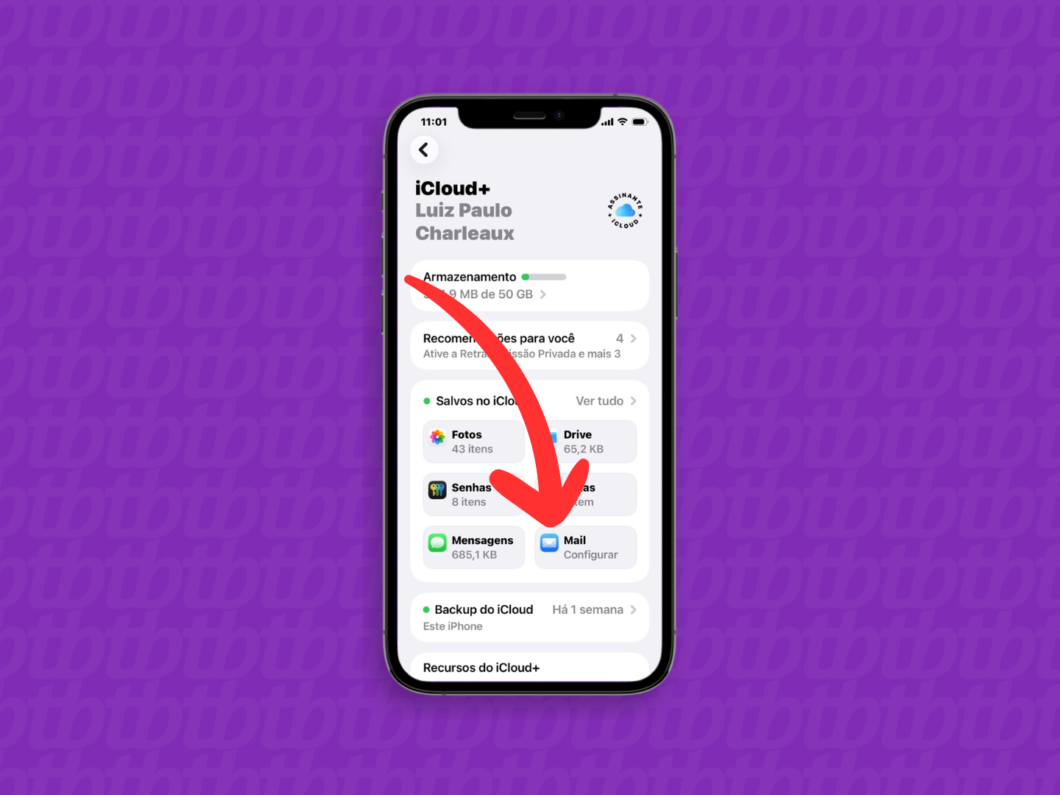 Abrir a opção “Mail” nas configurações do iCloud no iPhone/iPad