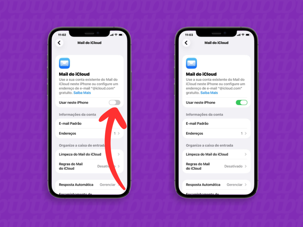 Ativando o uso do Mail do iCloud no iPhone, com o botão “Usar neste iPhone” ligado
