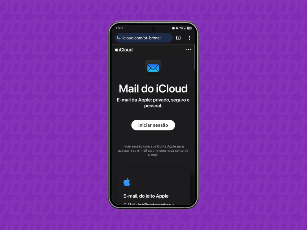 Tela do iPhone mostrando a página do Mail do iCloud no navegador (icloud.com/pt-br/mail) com o botão “Iniciar sessão”