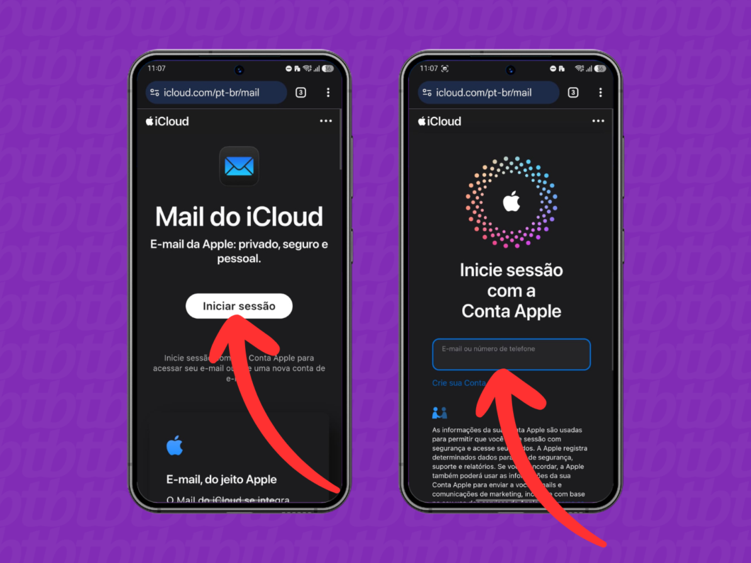 Tela do iPhone mostrando o login no site do Mail do iCloud com a Conta Apple, opção “Iniciar sessão”