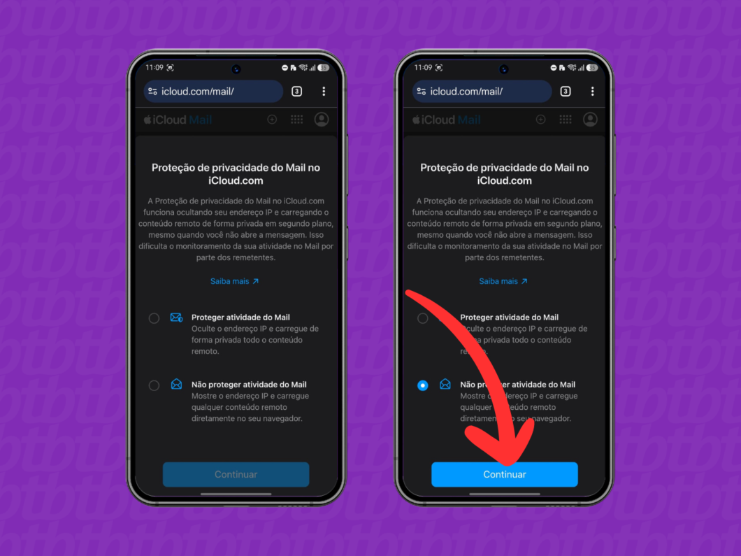 Definindo as opções de privacidade do Mail no iCloud.com, com a escolha “Proteger atividade do Mail” e botão Continuar