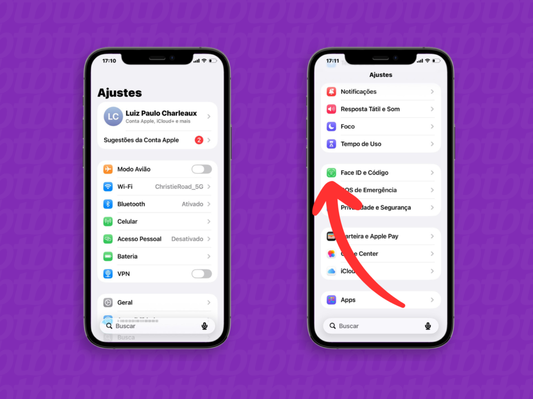 Entrando no menu “Face ID e Código” para ver as configurações de segurança no iPhone