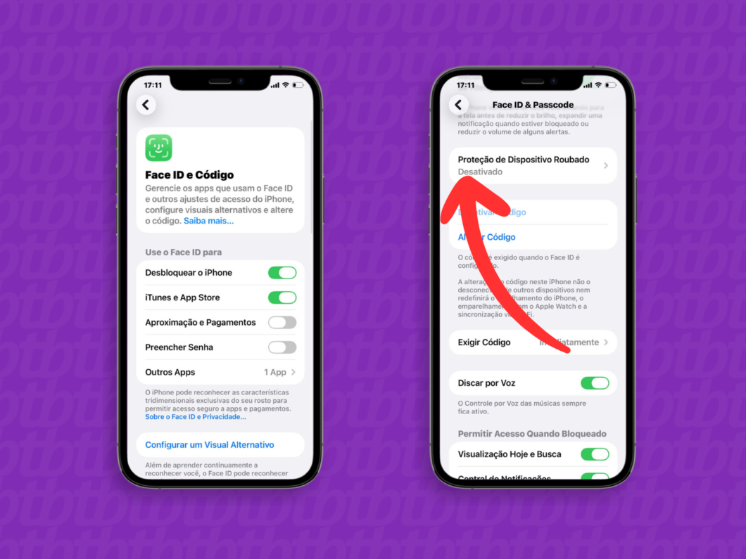 Selecionando a opção “Proteção de Dispositivo Roubado” no menu “Face ID e Código” do iPhone
