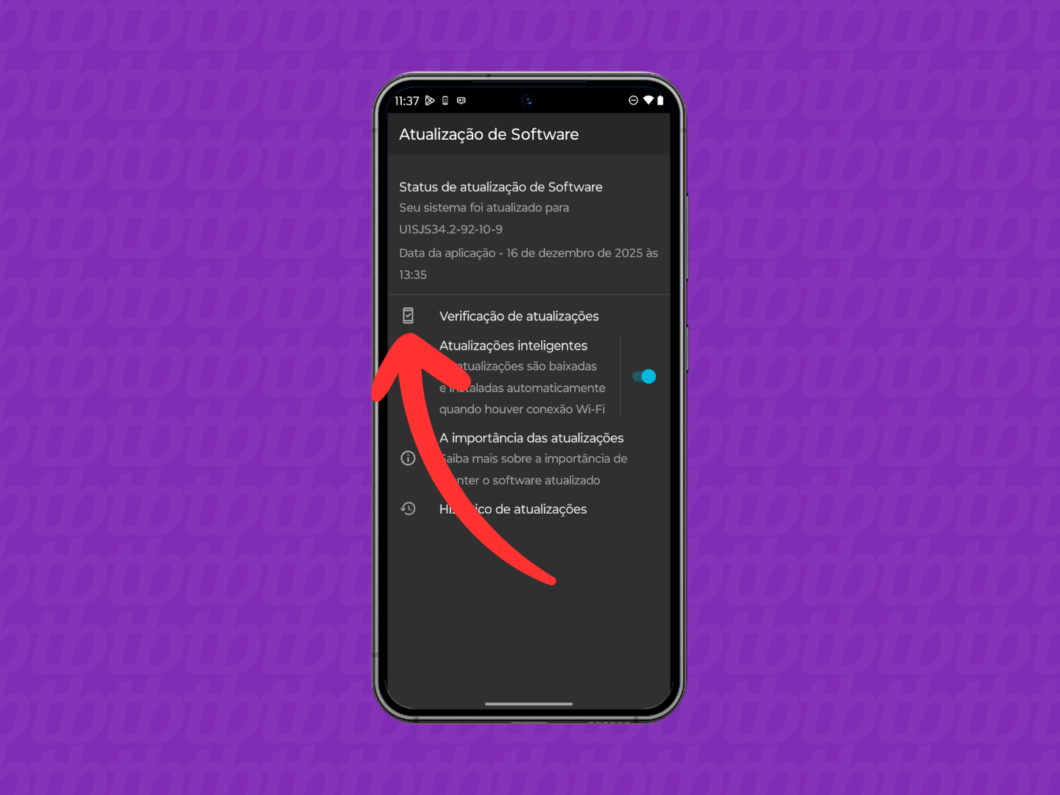 Tocando em “Verificação de atualizações” nas configurações de atualização de software do Motorola