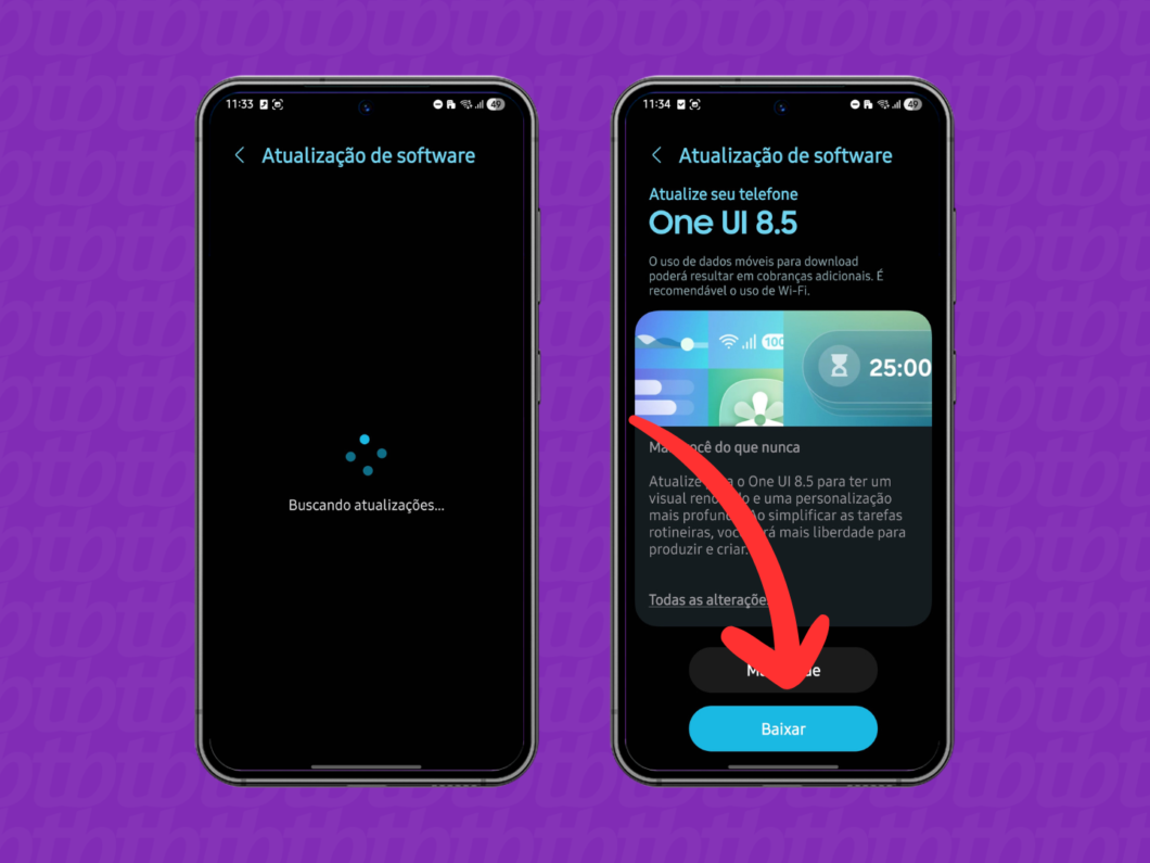 Verificando atualizações e baixando a versão mais recente do One UI no Android (tela “Atualização de software”)