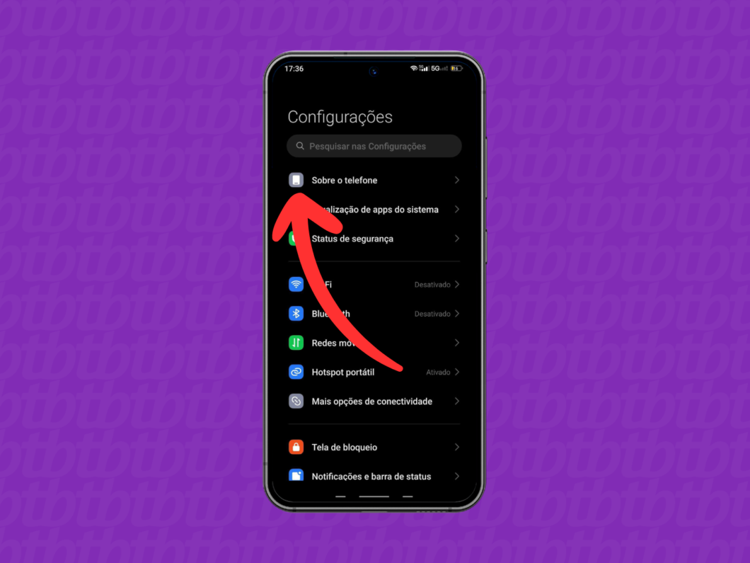 Toque em “Sobre o telefone” nas Configurações do celular para acessar as informações do dispositivo