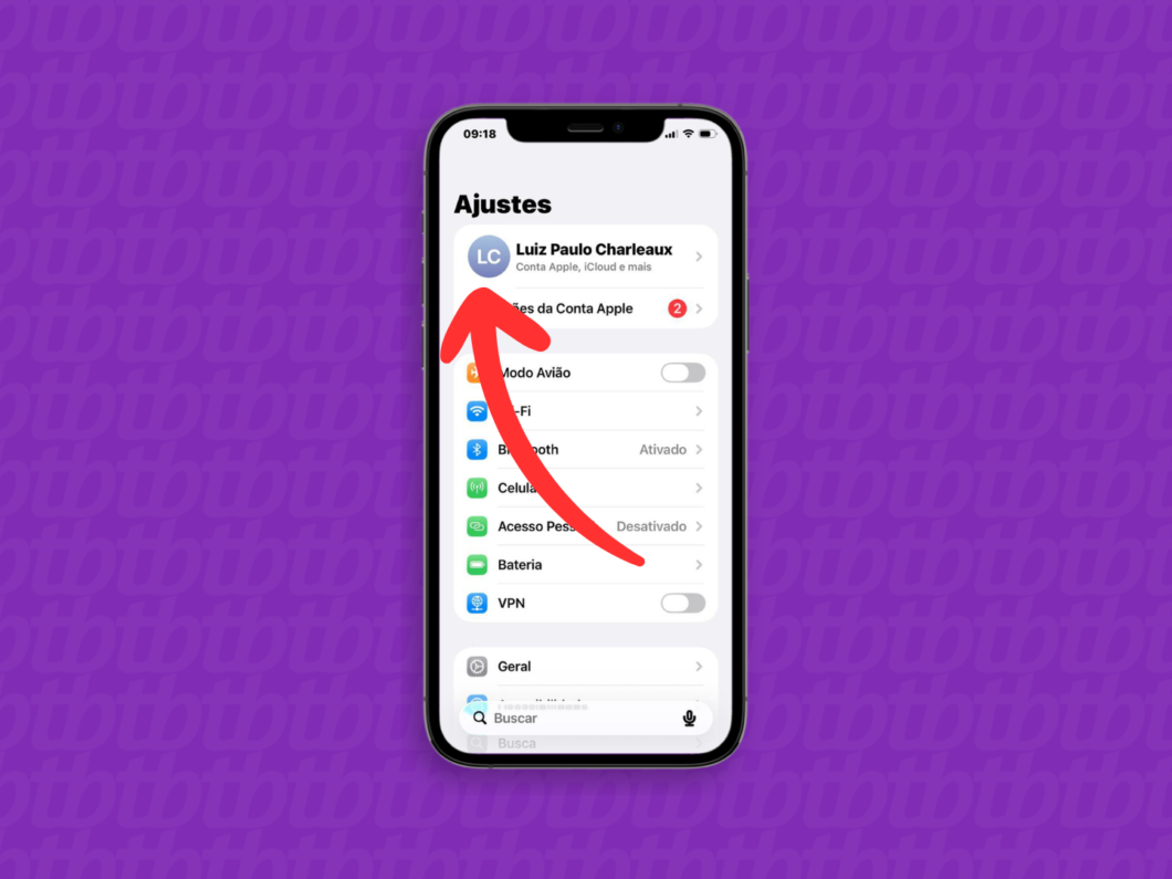 Abrindo o menu de informações da conta Apple