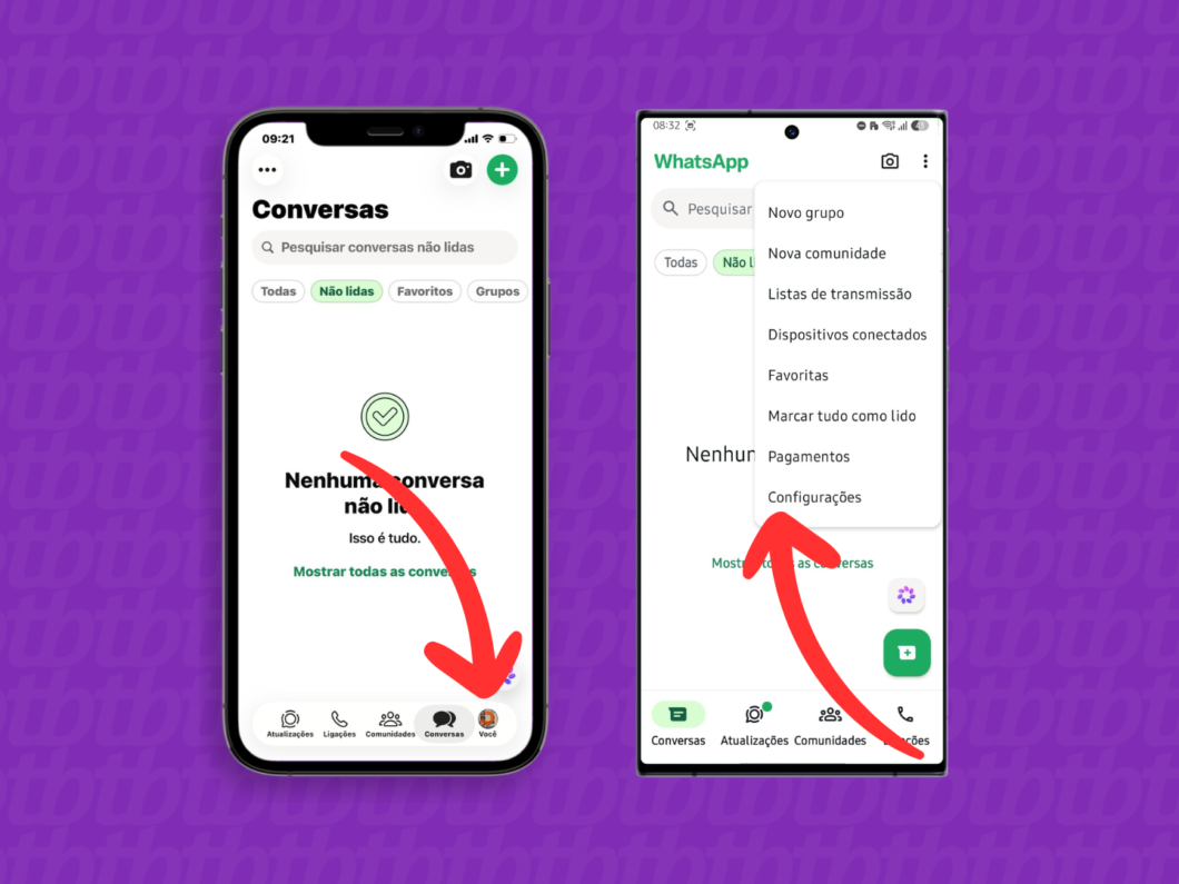 Acessando as configurações do WhatsApp (menu “Conversas” no app)