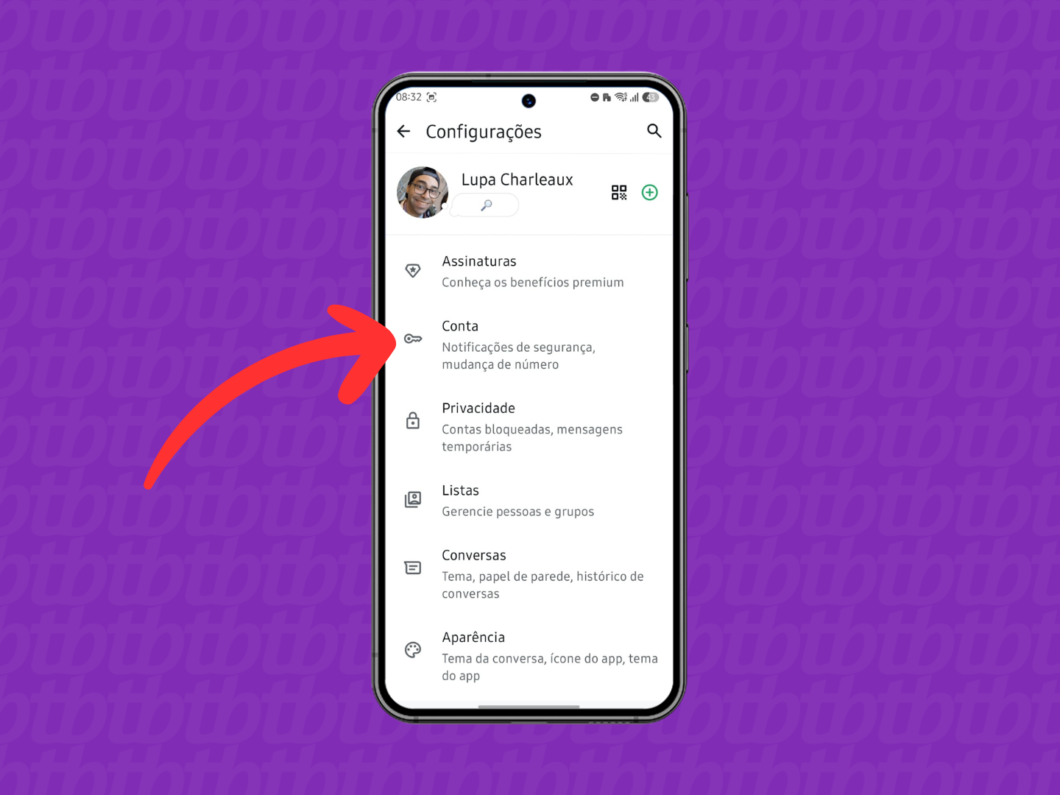 Acessando o menu “Conta” nas configurações do WhatsApp