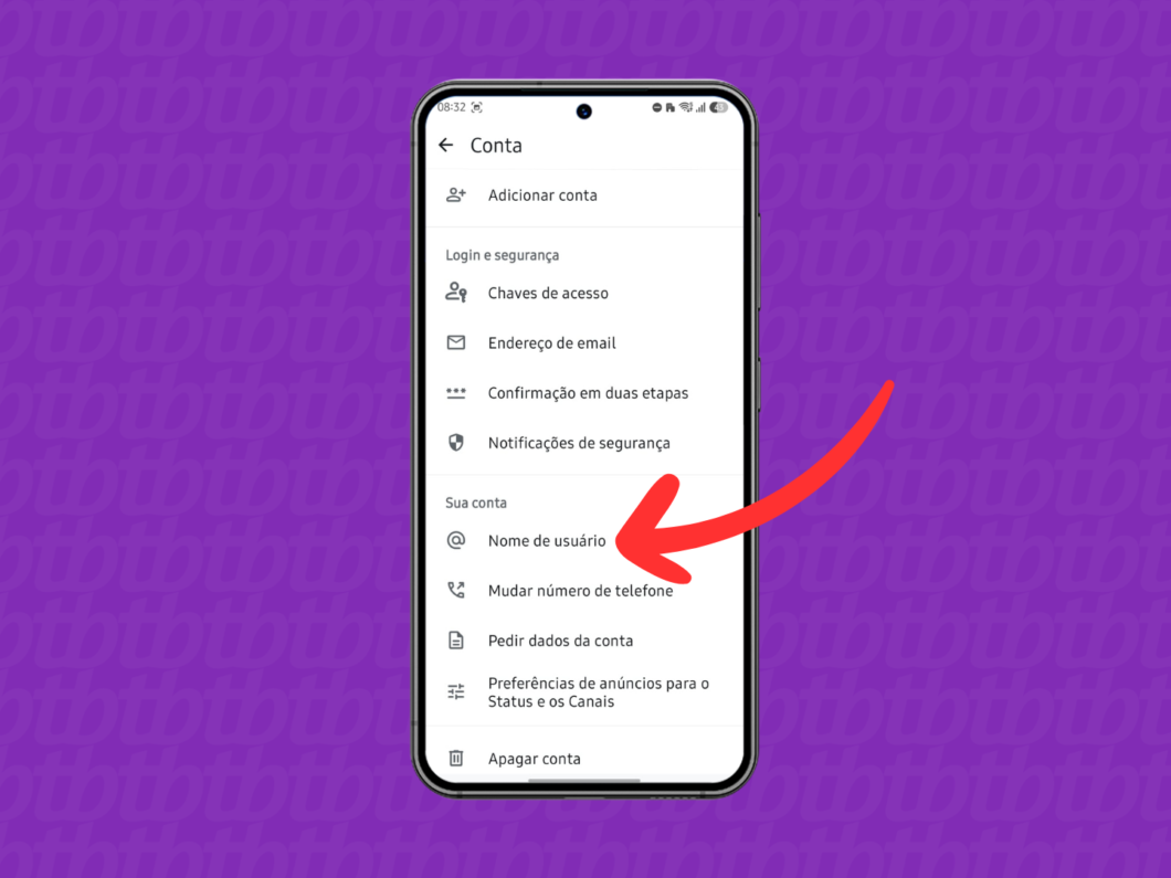 Tela do WhatsApp com o menu “Conta” aberto, destacando “Nome de usuário”
