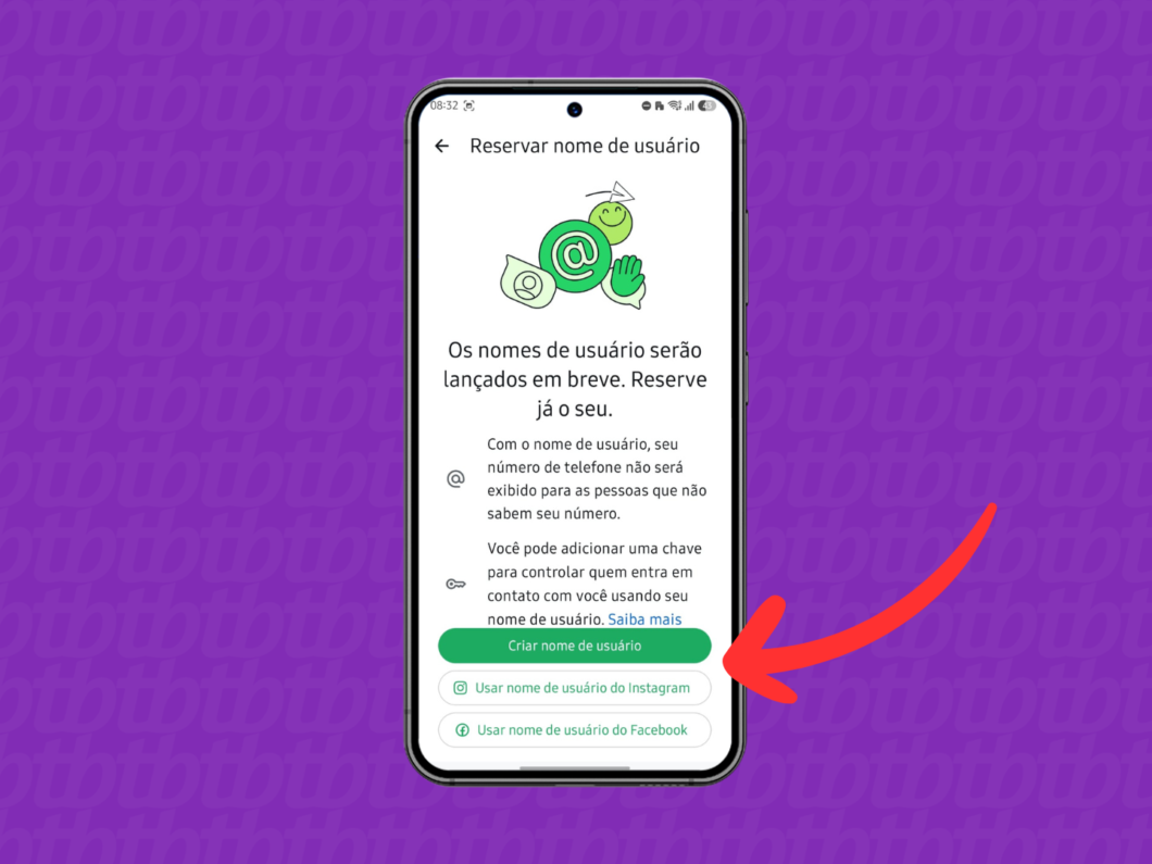 Tela do WhatsApp mostrando “Reservar nome de usuário” com opções para criar ou importar o username das redes sociais