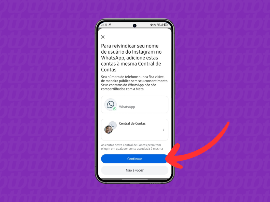 Tela do WhatsApp mostrando a etapa para reivindicar o nome de usuário do Instagram na Central de Contas, com botão “Continuar”