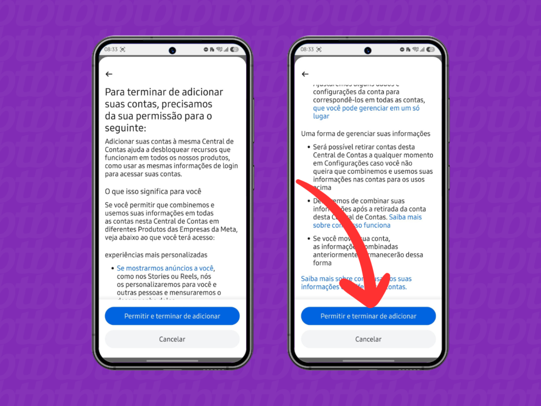 Tela do WhatsApp mostrando a confirmação para permitir e terminar de adicionar informações entre contas na Central de Contas da Meta