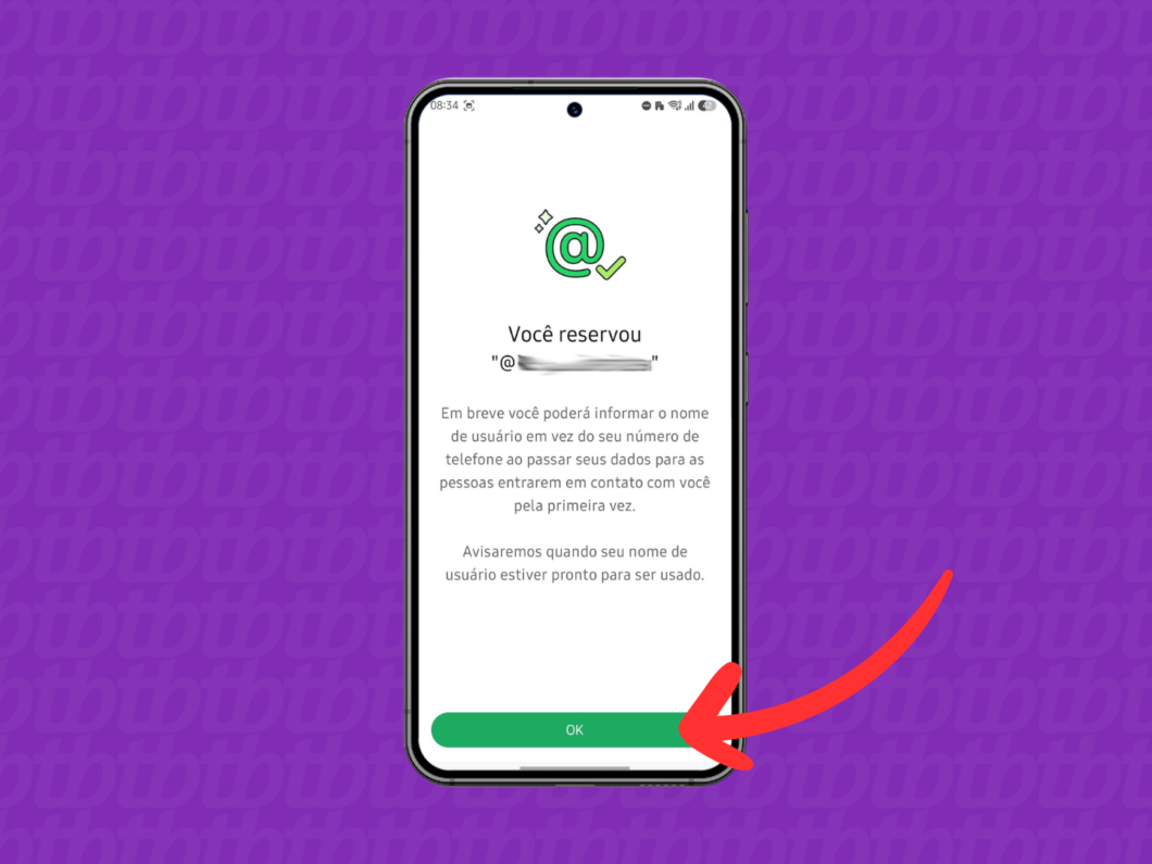 Tela do WhatsApp confirmando que o nome de usuário foi reservado com sucesso e mostrando “OK” para concluir