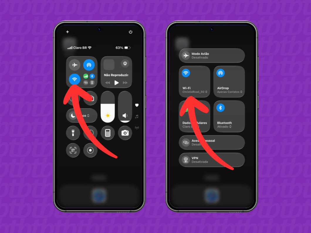 Abrindo o menu Wi‑Fi na Central de Controle do iPhone para verificar se os dispositivos estão na mesma rede