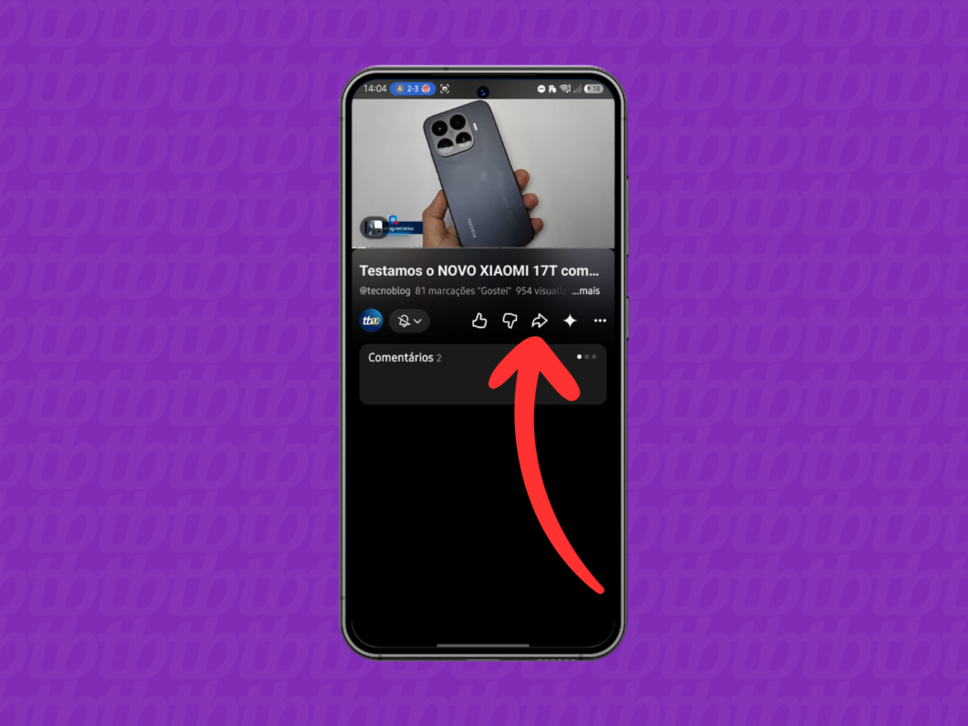 Tocando em “Compartilhar” no app do YouTube para enviar um vídeo nas mensagens diretas