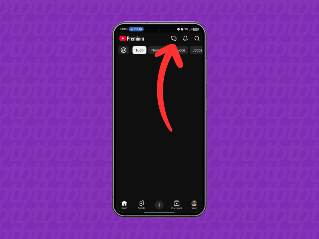 Abrindo a área de mensagens diretas (DM) do YouTube no celular