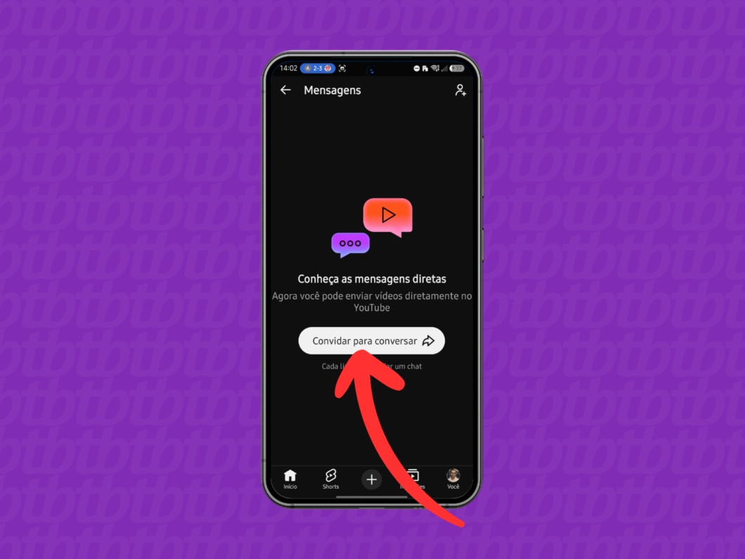 Tocando em “Convidar para conversar” no YouTube para gerar um link de DM