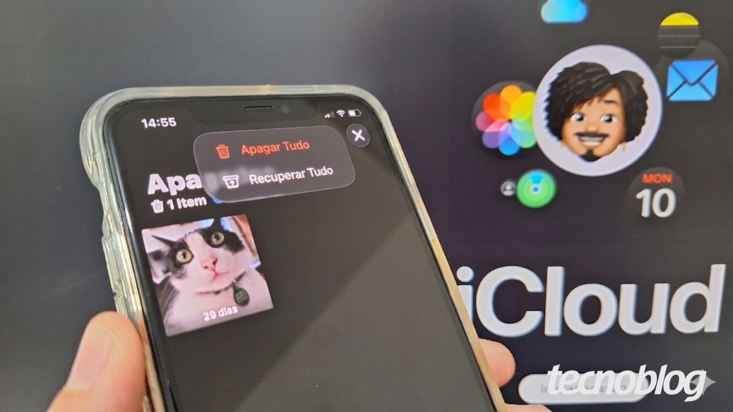 Tela do iPhone mostrando o app Fotos com “Apagar Tudo” e “Recuperar Tudo” para restaurar mídias da lixeira do iCloud