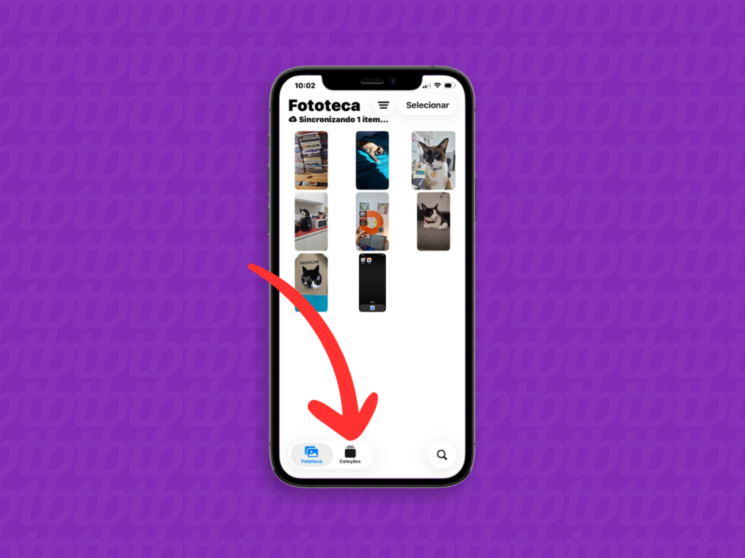 Acessando a guia “Coleções” no app Fotos do iPhone para restaurar mídias do iCloud