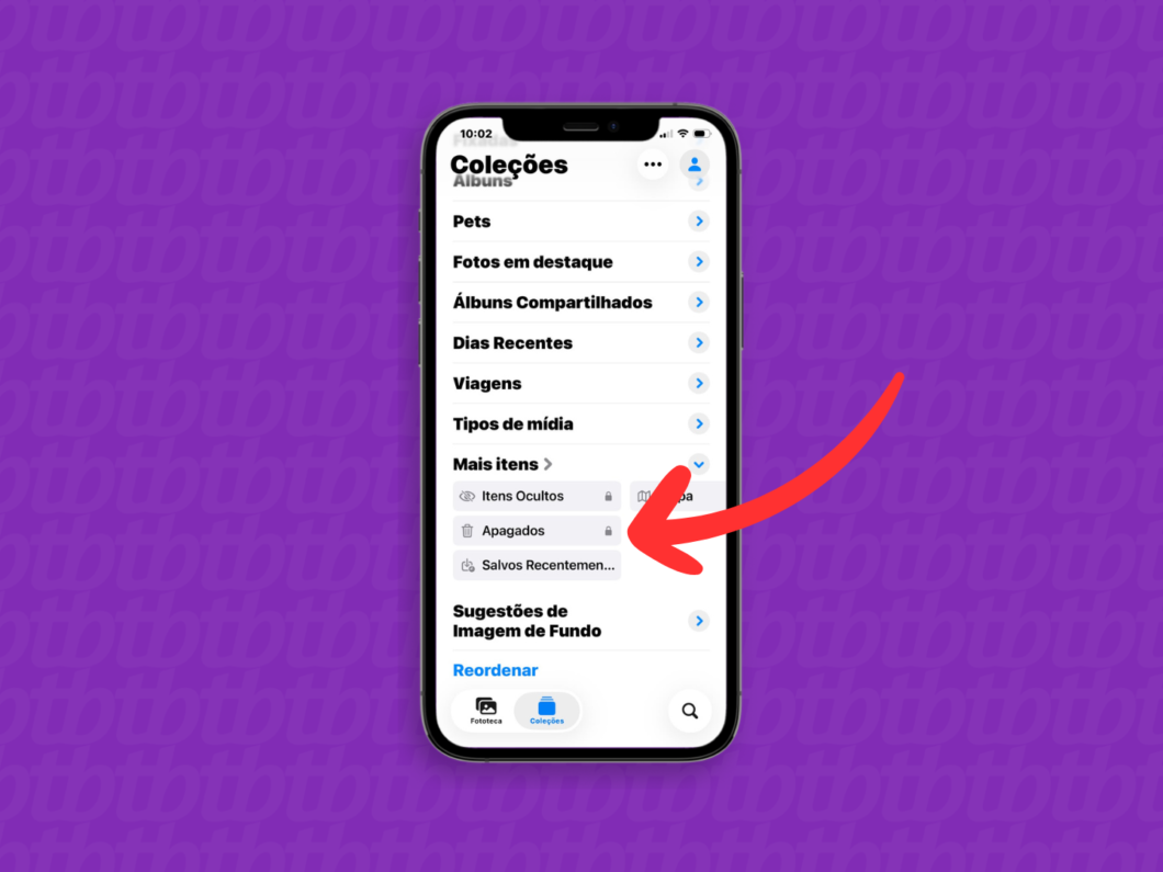 Tela do app Fotos no iPhone com “Coleções” aberta e “Apagados” destacado