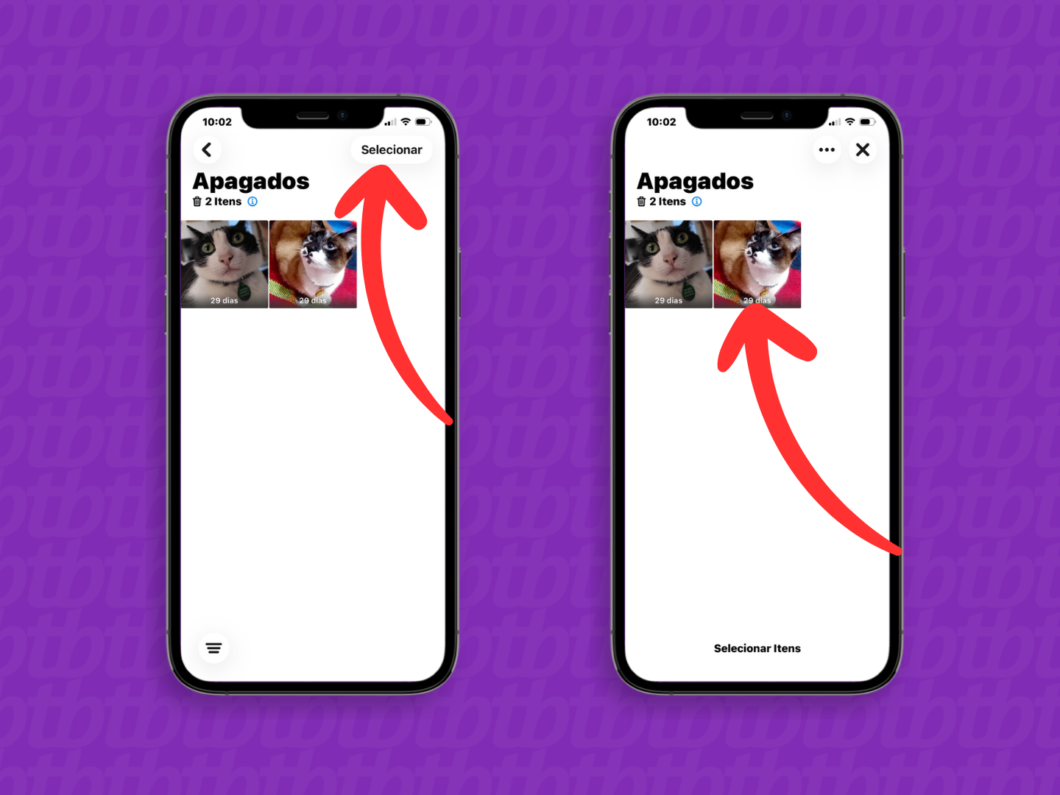 Tela do iPhone na pasta “Apagados”, com a seta apontando para selecionar fotos e vídeos em “Selecionar”