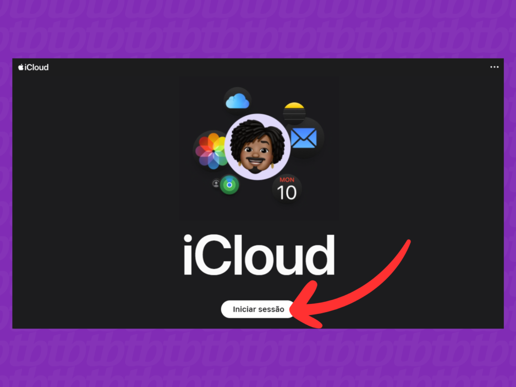 Tela do iCloud.com com o botão “Iniciar sessão” para fazer login na conta Apple