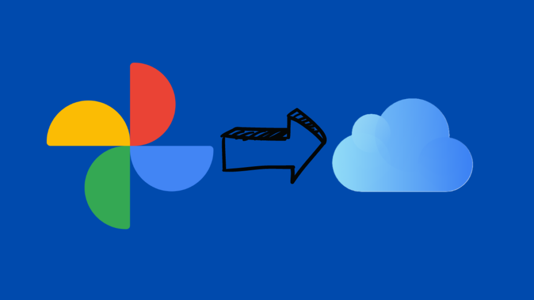 Ícones do Google Fotos e do iCloud com uma seta indicando a migração de fotos entre as nuvens