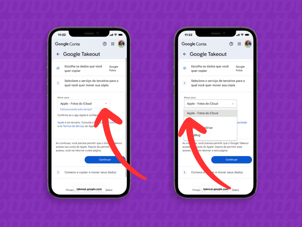 Selecionando o iCloud como destino para o envio dos arquivos no Google Takeout