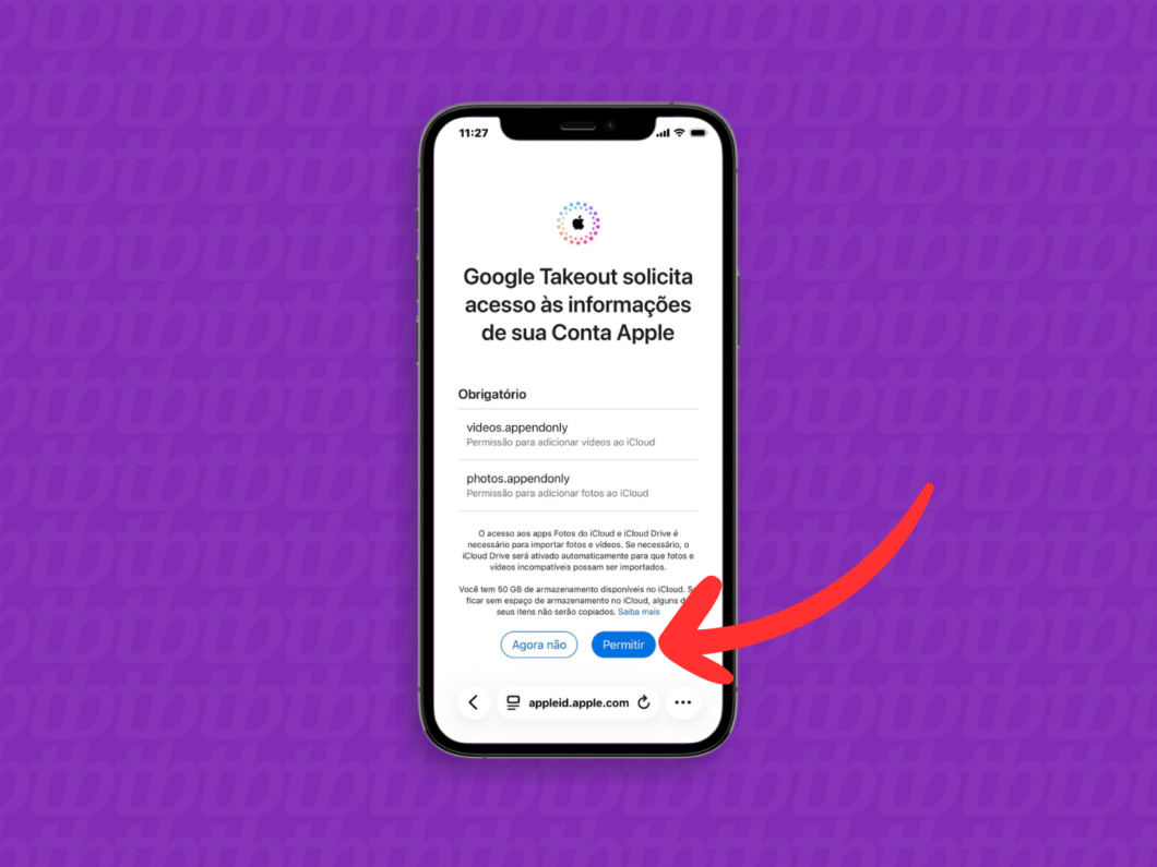 Tela do Google Takeout solicitando permissão para acessar o iCloud (botão “Permitir”)